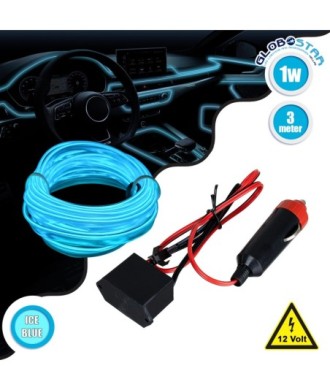 GloboStar® 82204 TUBE 360° Degree Διακοσμητική EL-Wire Neon Αυτοκινήτου Κορδόνι ΣΕΤ 3m 1W-3m 30lm-m 360° DC 12V με Βύσμα Αναπτήρα Αυτοκινήτου Αδιάβροχη IP68 Γαλάζιο